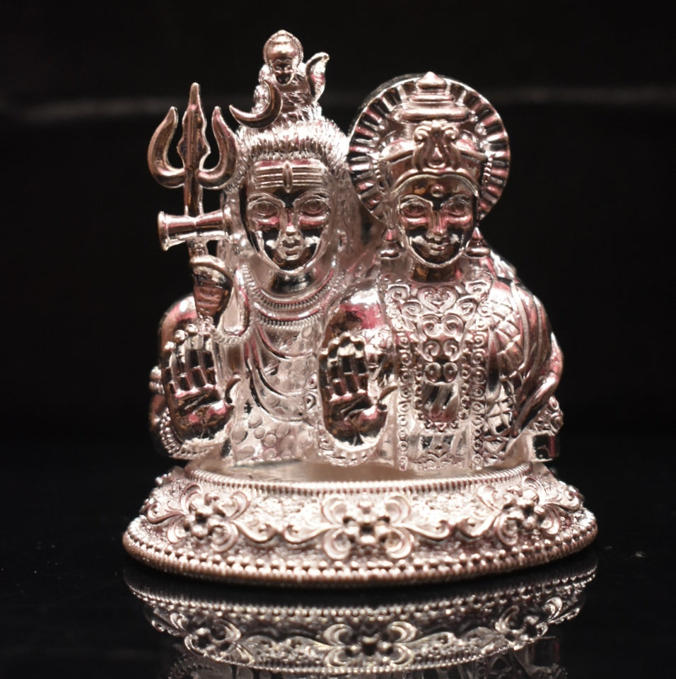 Pure Silver Shiva Parvati Idol - Handcrafted Divine Couple Statue