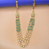 "Dazzle in Style: Three-Layered Pearls & Emerald Chain with Chic Side Brooches"