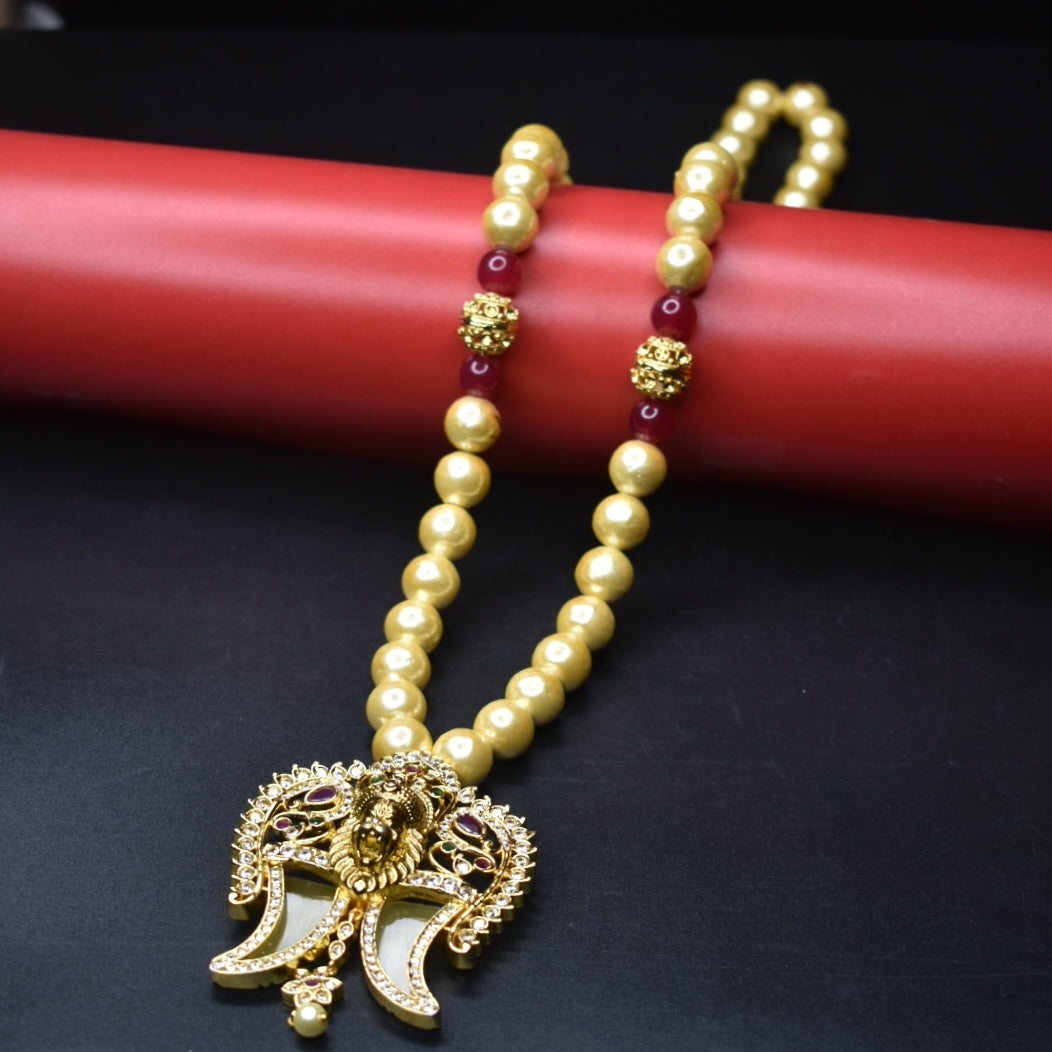 Asp Antique Narsimha Swami Puligoru Pendant Adorned with Pearls Chain For Gents