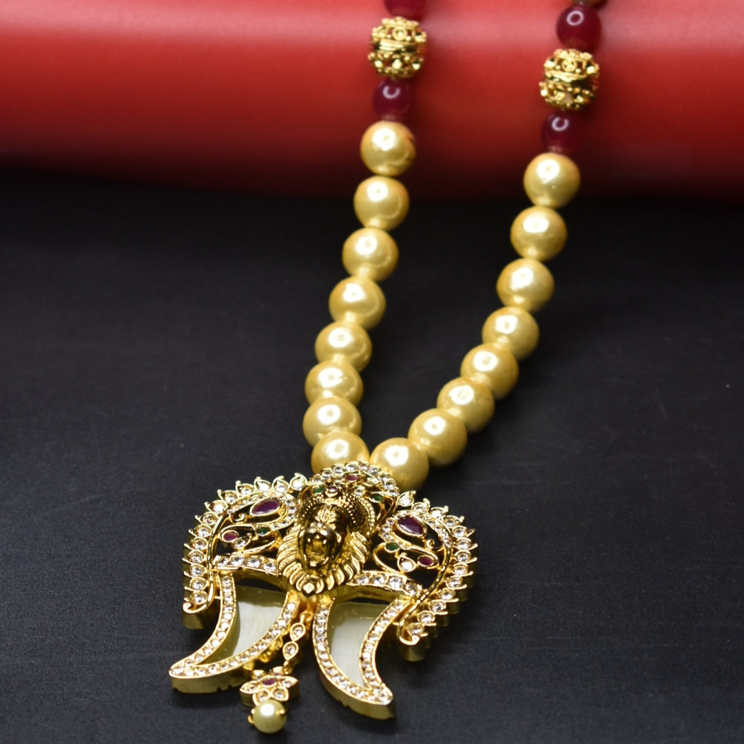 Antique Narsimha Swami Puligoru Pendant with Pearl Chain - Divine Men's Jewelry