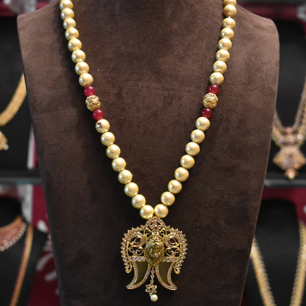 Antique Narsimha Swami Puligoru Pendant with Pearl Chain - Divine Men's Jewelry