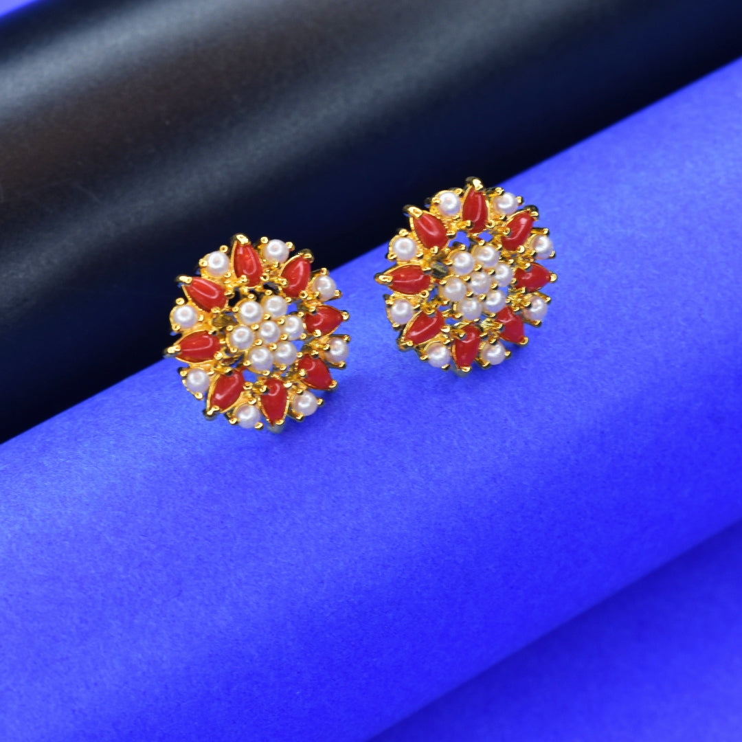 Floret Coral and Pearl Stud Earrings - Radiant Elegant Set