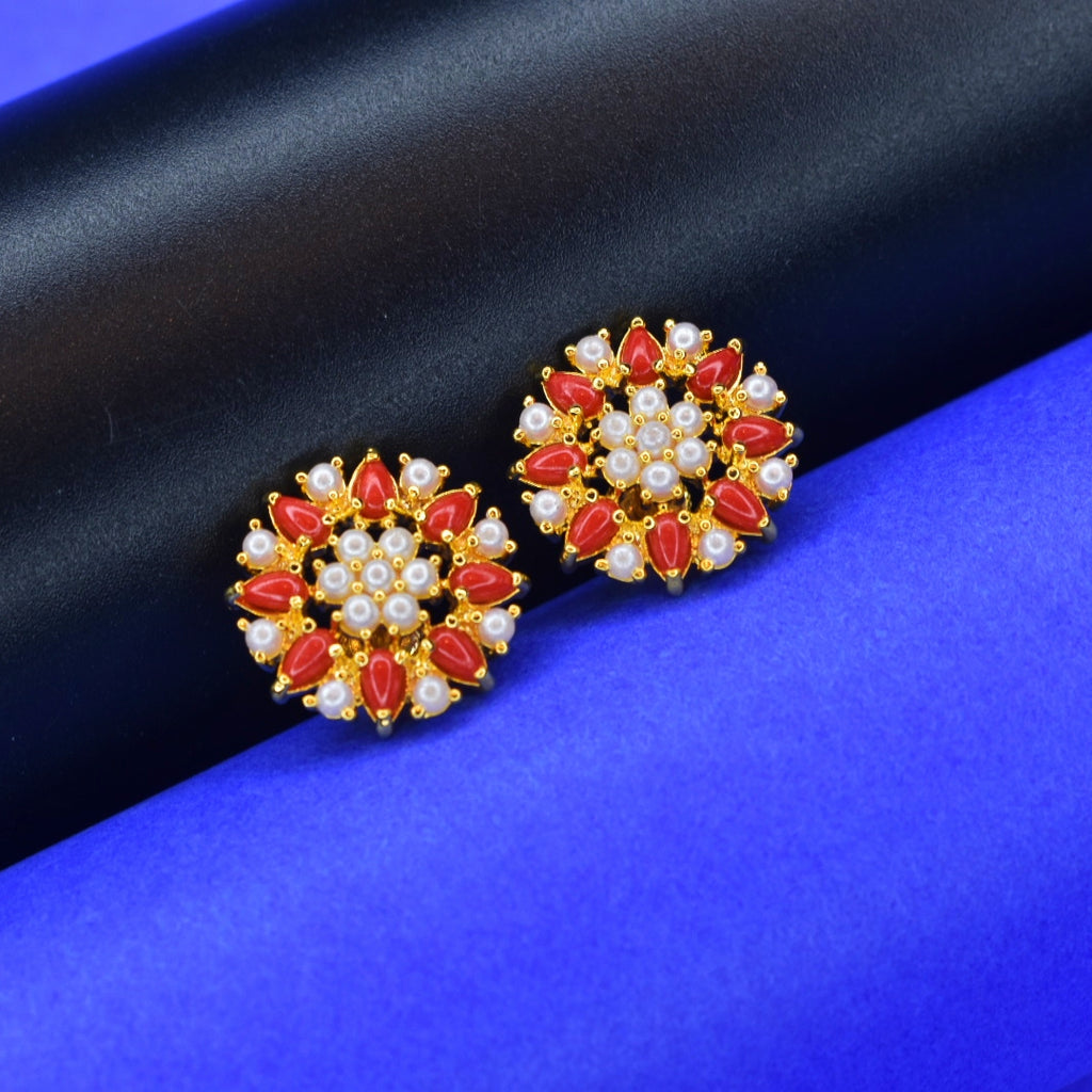 Floret Coral and Pearl Stud Earrings - Radiant Elegant Set