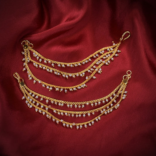 "Gilded Elegance: 24K Gold-Plated Pearl Chamapsawarlu Ear Chains"