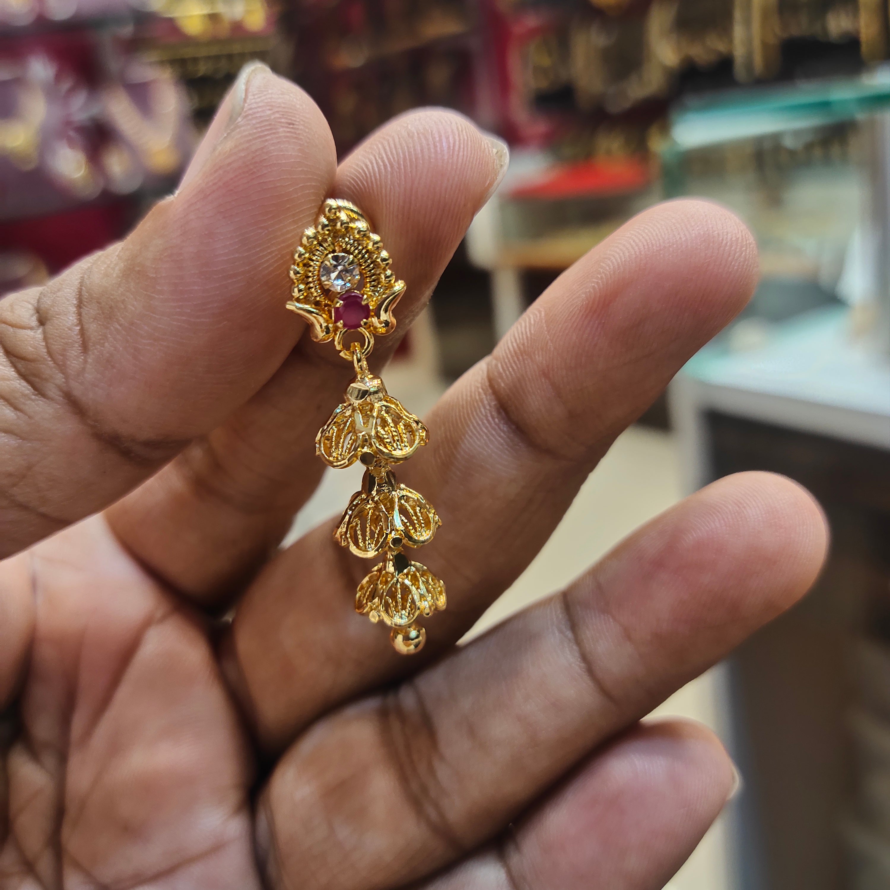 24K Gold Plated Triple Step Jhumka Earrings - 4.5cm Madrasi Screw Design