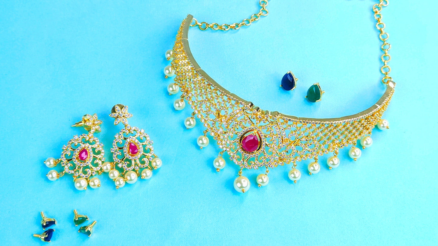 Changeable Colour Stone Choker Bridal Cz Imitation Choker Necklace Set By Asp Fashion Jewellery
