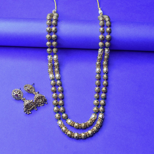 "Gleaming Elegance: The Asp Fashion Jewellery Double Layer Gundu Mala/Gold Beaded Necklace Set"