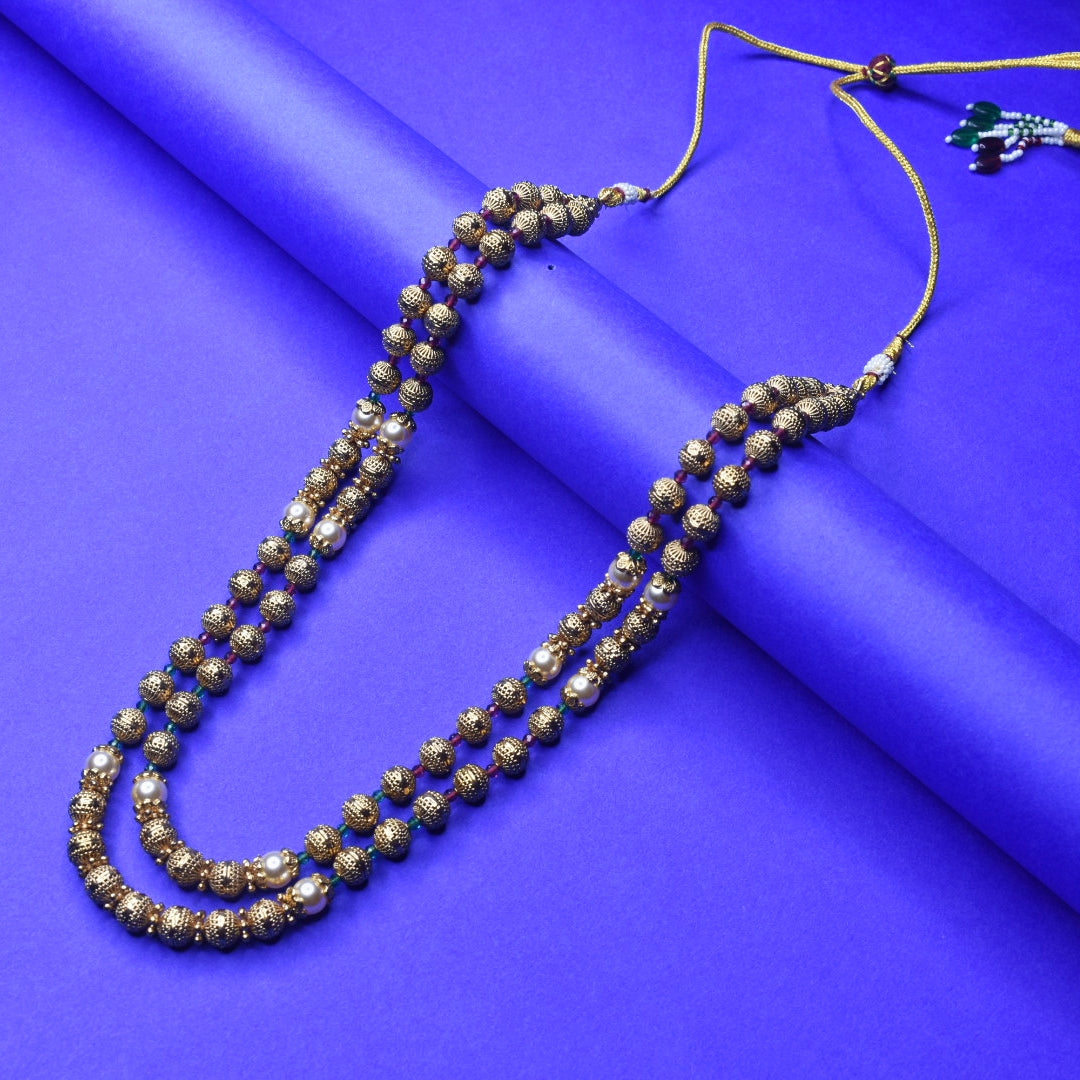Double Layer Gundu Mala Gold Beaded Necklace Set with Earrings