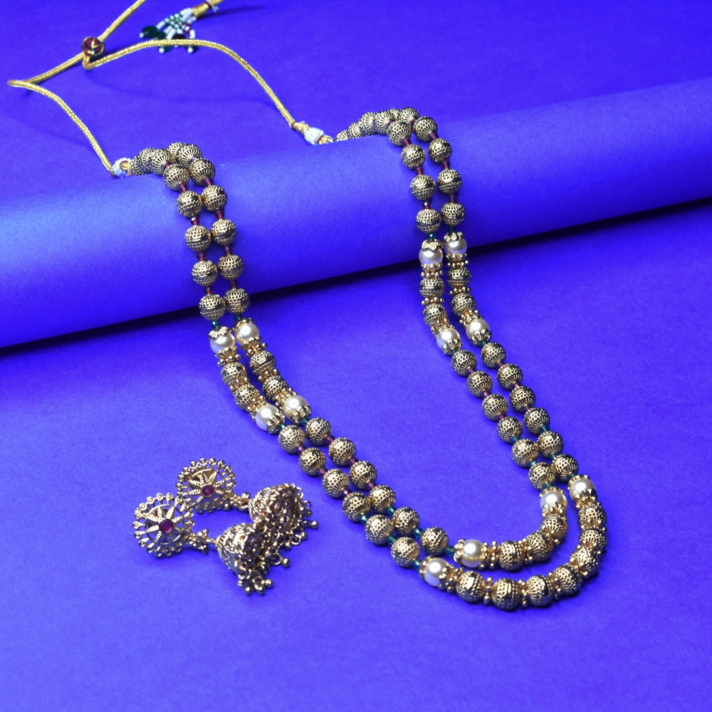 Double Layer Gundu Mala Gold Beaded Necklace Set with Earrings