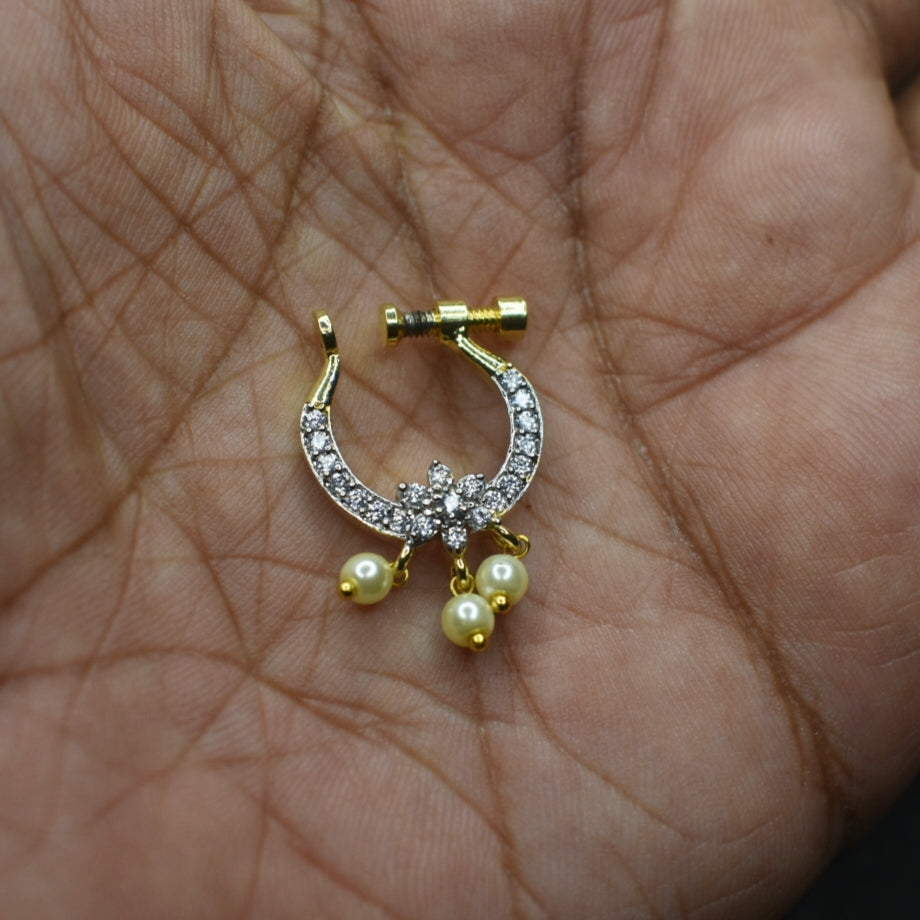 White CZ Rhodium Gold Bridal South Indian Nath | No Piercing Nose Ring 2.5cm