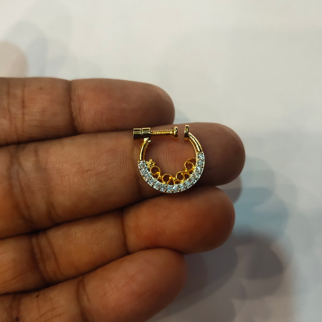 White CZ Rhodium Gold Bridal South Indian Nath | No Piercing Nose Ring 1.5cm