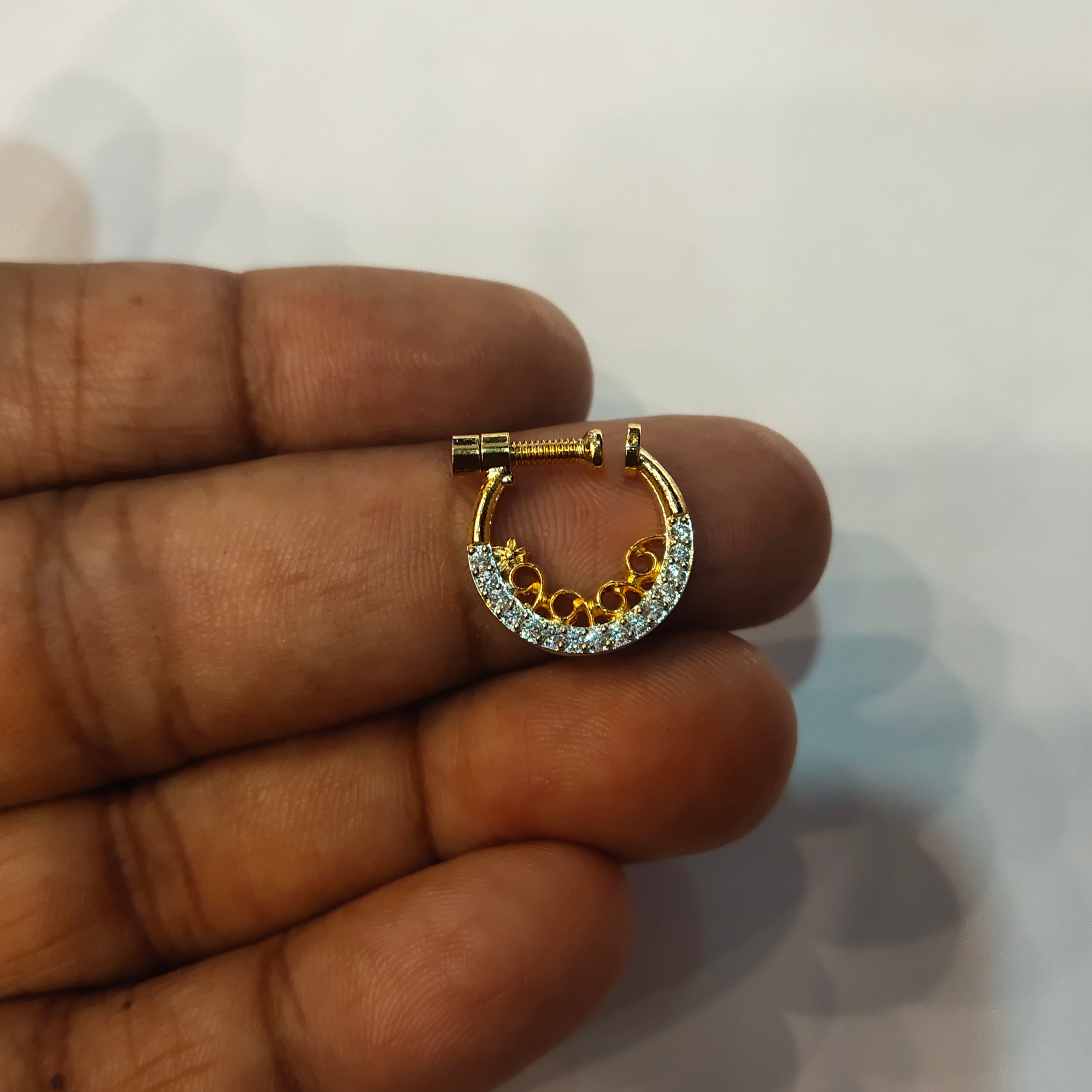 White CZ Rhodium Gold Bridal South Indian Nath | No Piercing Nose Ring 1.5cm