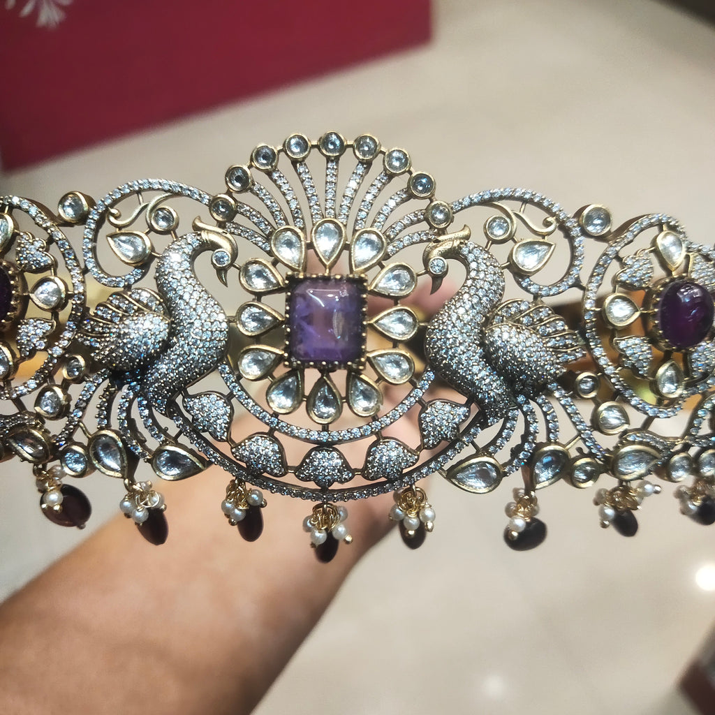 Victorian Purple Kundan Peacock Belt Vaddanam - Elegant Waist Chain