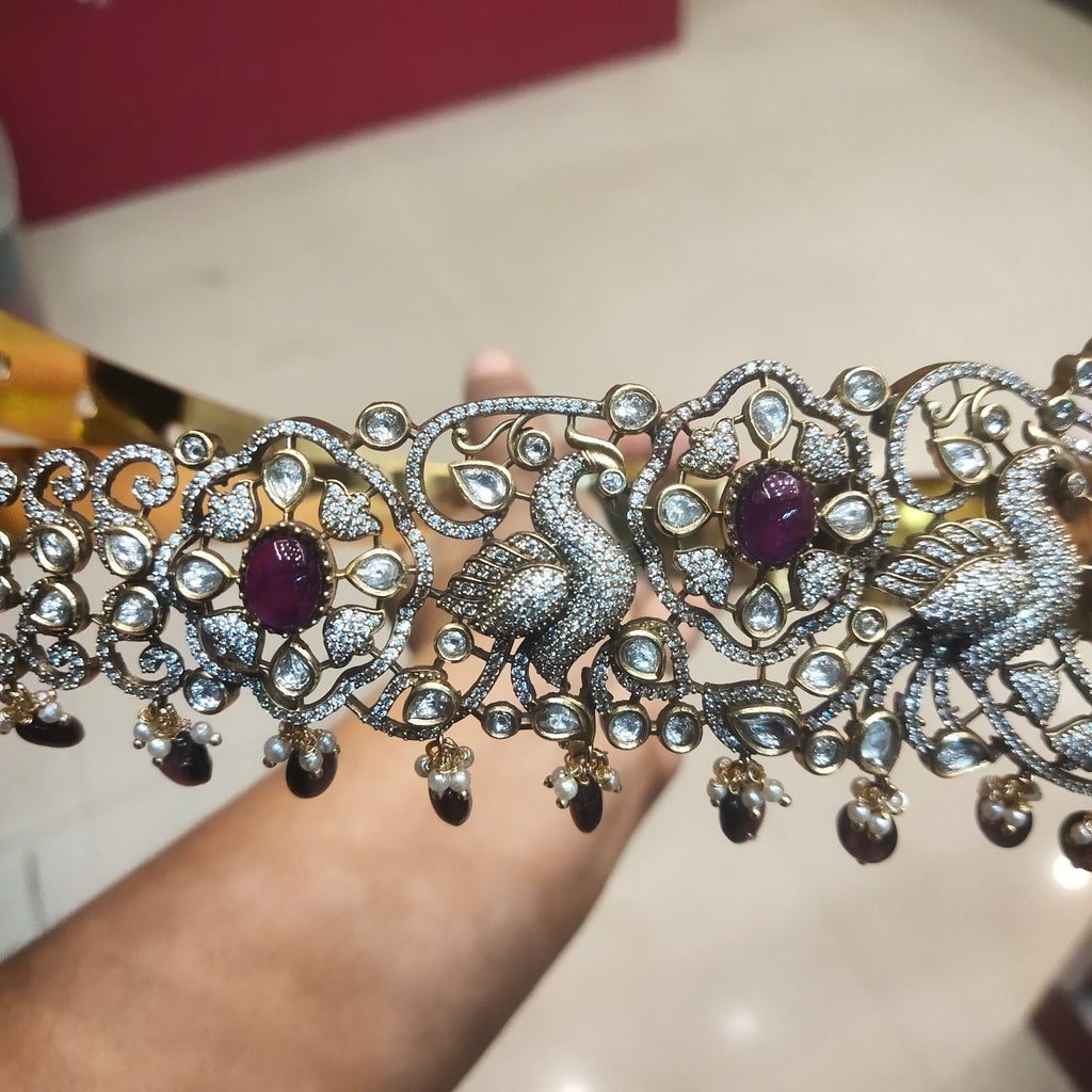 Victorian Purple Kundan Peacock Belt Vaddanam - Elegant Waist Chain