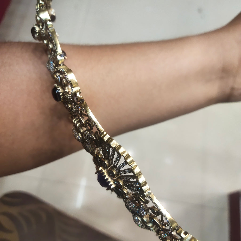 Victorian Purple Kundan Peacock Belt Vaddanam - Elegant Waist Chain