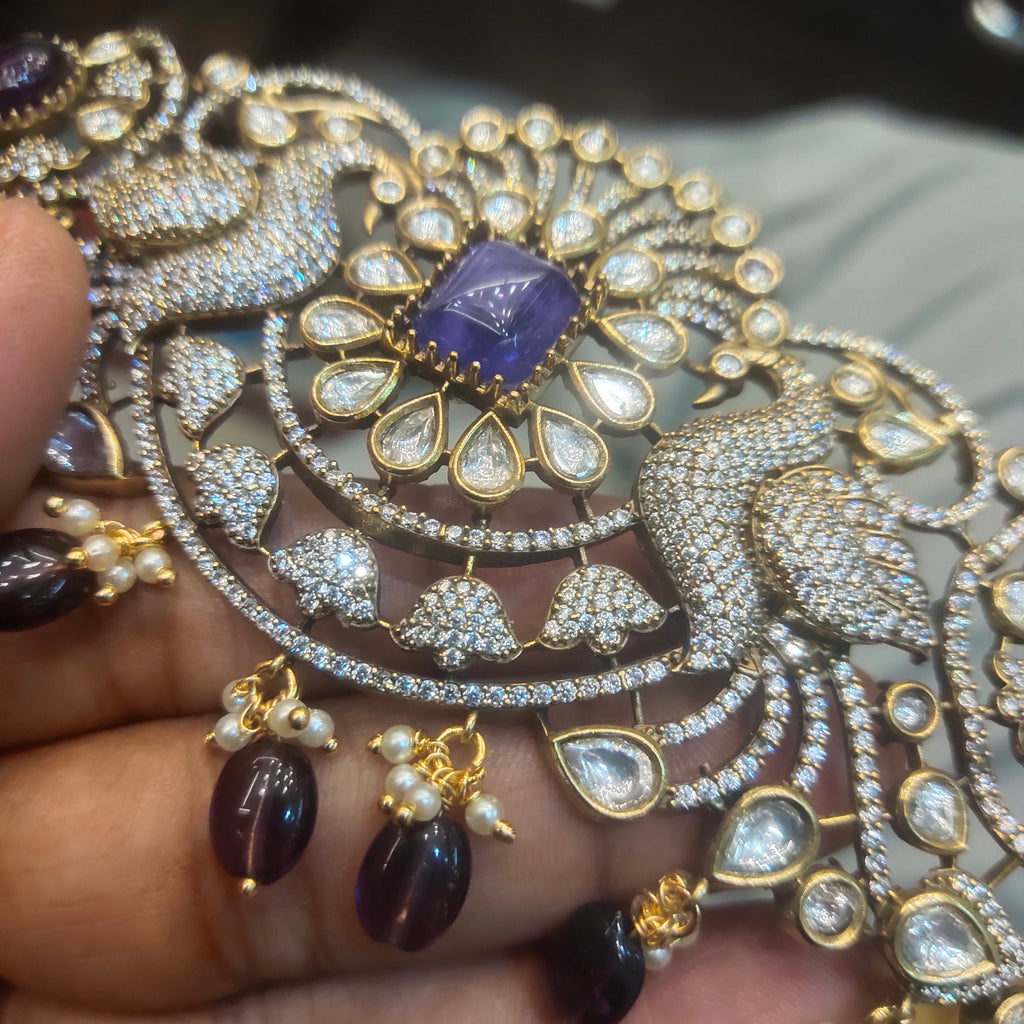Victorian Purple Kundan Peacock Belt Vaddanam - Elegant Waist Chain
