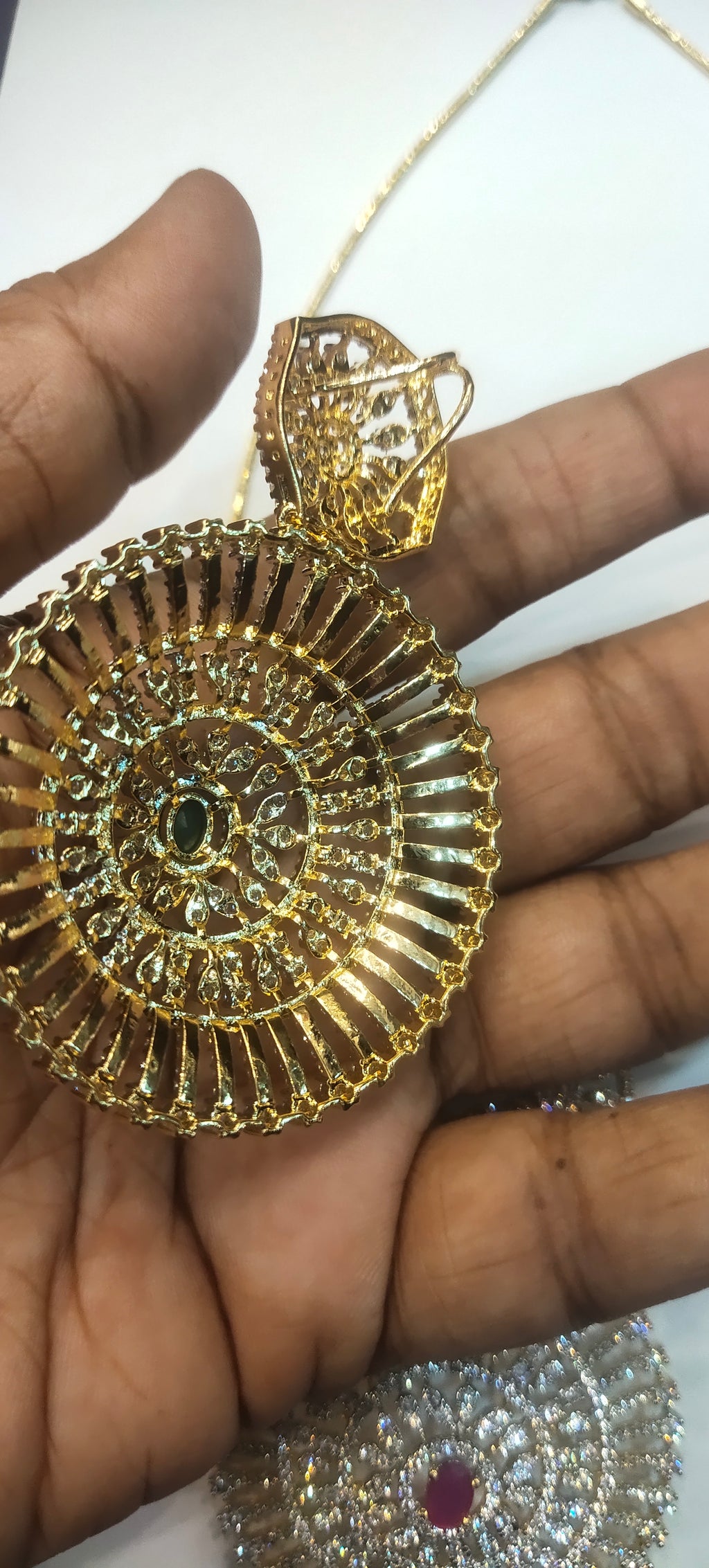 Gold Plated American Diamond Pendant Set with Earrings - 24K GJ Finish