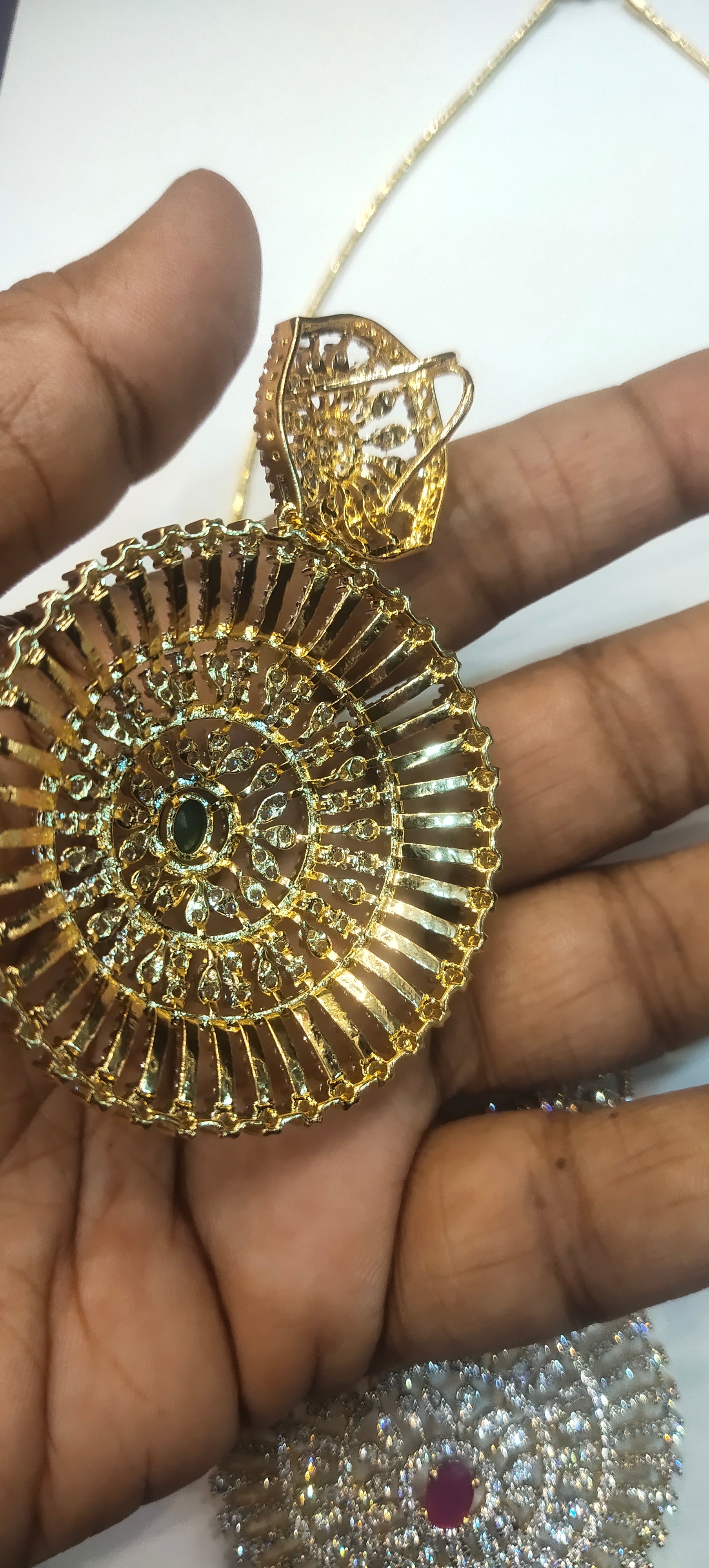 Gold Plated American Diamond Pendant Set with Earrings - 24K GJ Finish