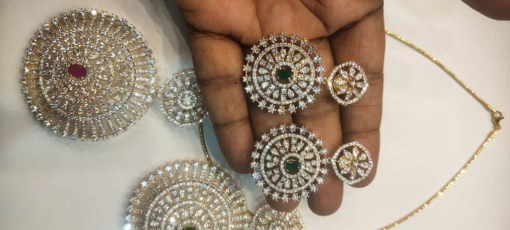 Gold Plated American Diamond Pendant Set with Earrings - 24K GJ Finish