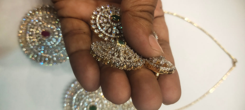 Gold Plated American Diamond Pendant Set with Earrings - 24K GJ Finish