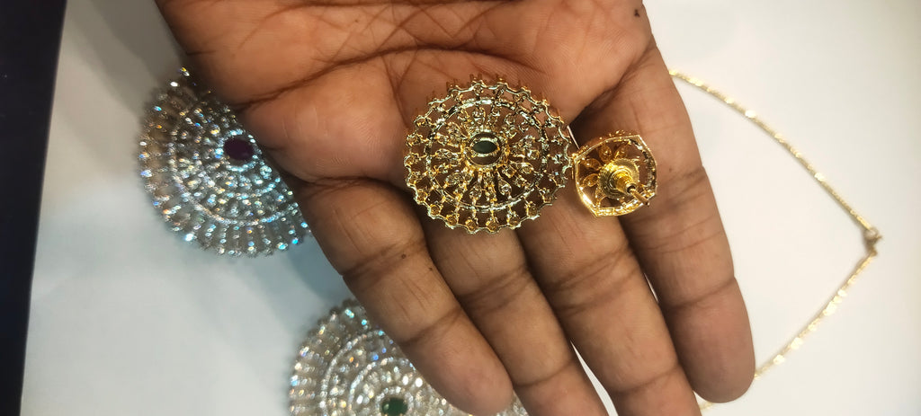 Gold Plated American Diamond Pendant Set with Earrings - 24K GJ Finish