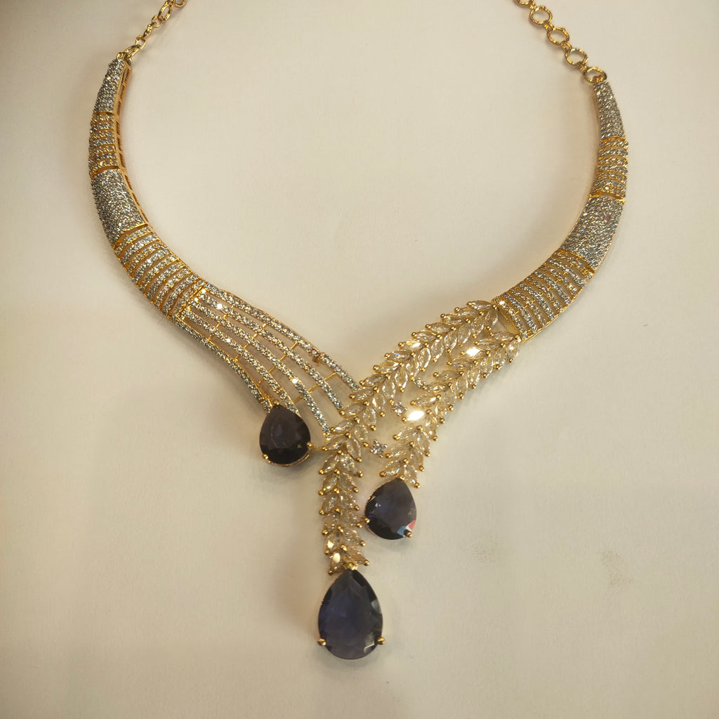 Asp Blue Cz Rhodium Gold Necklace Set
