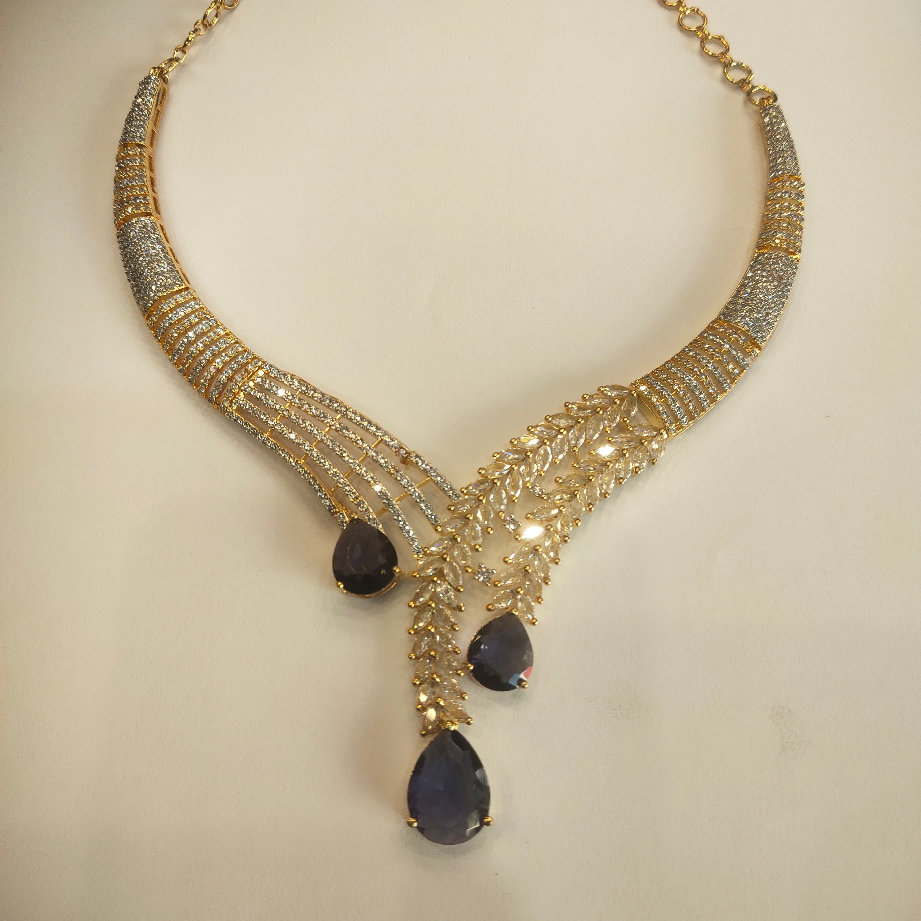 Asp Blue Cz Rhodium Gold Necklace Set