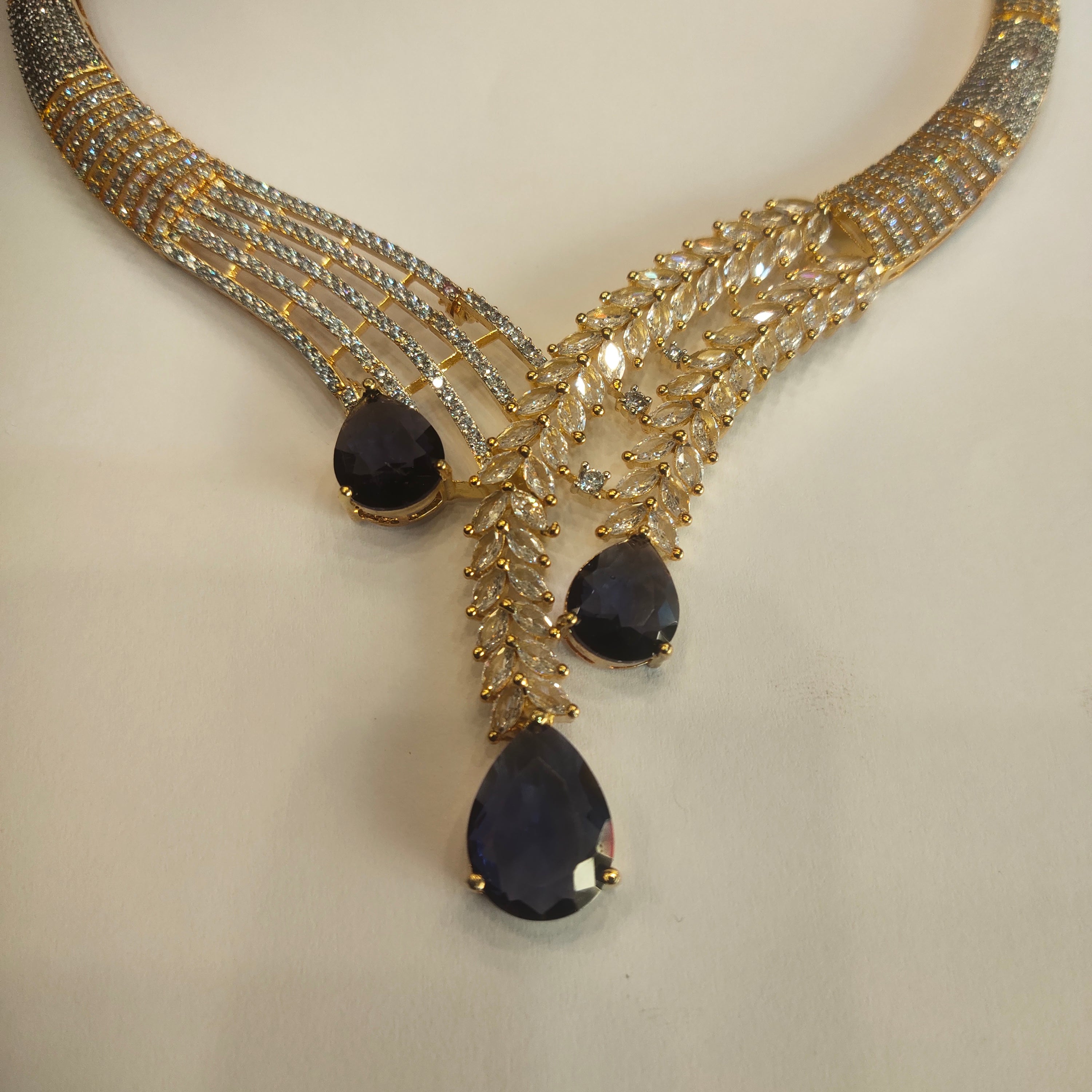 Asp Blue Cz Rhodium Gold Necklace Set