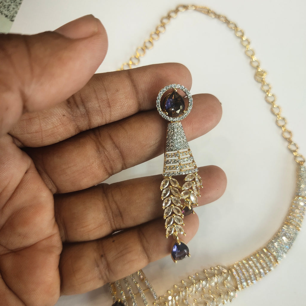 Asp Blue Cz Rhodium Gold Necklace Set