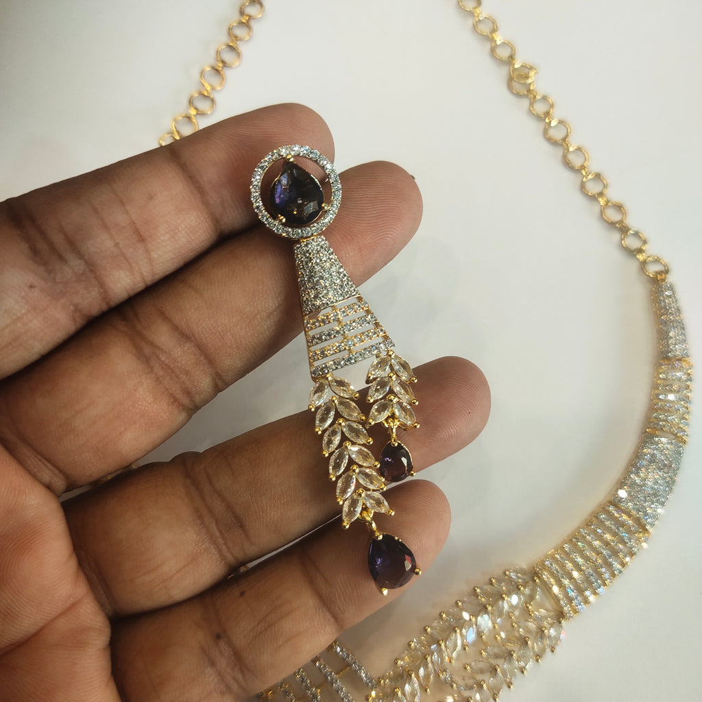 Asp Blue Cz Rhodium Gold Necklace Set