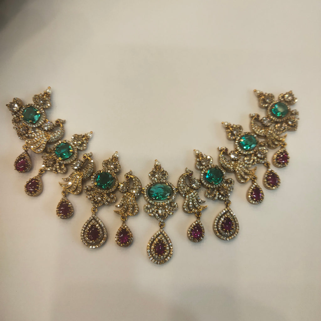 Victorian CZ Short Necklace Set - Ruby Emerald Studded Elegant Jewelry