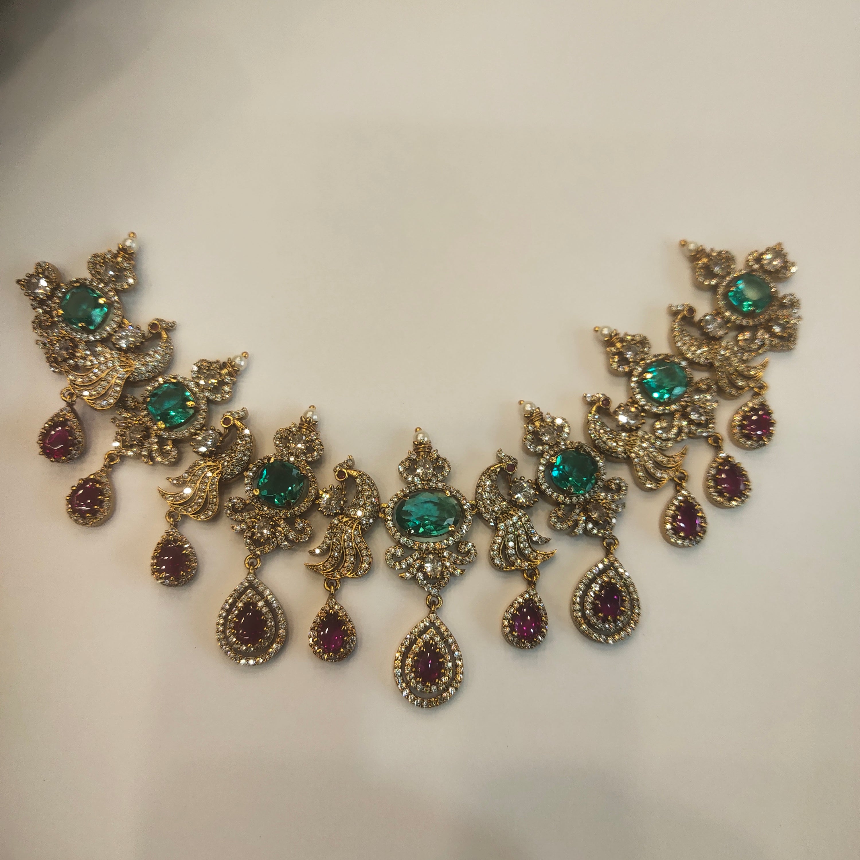 Victorian CZ Short Necklace Set - Ruby Emerald Studded Elegant Jewelry