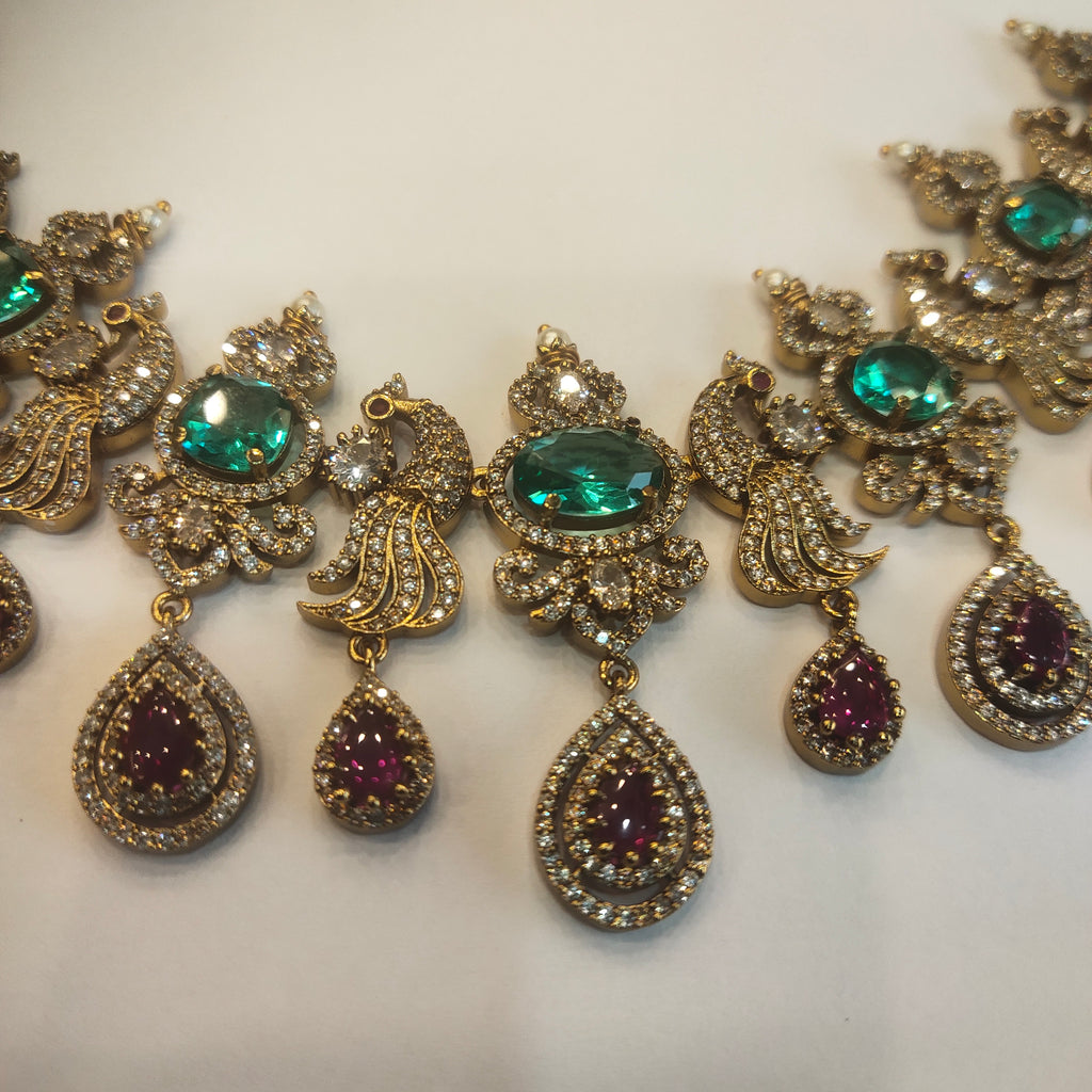 Victorian CZ Short Necklace Set - Ruby Emerald Studded Elegant Jewelry