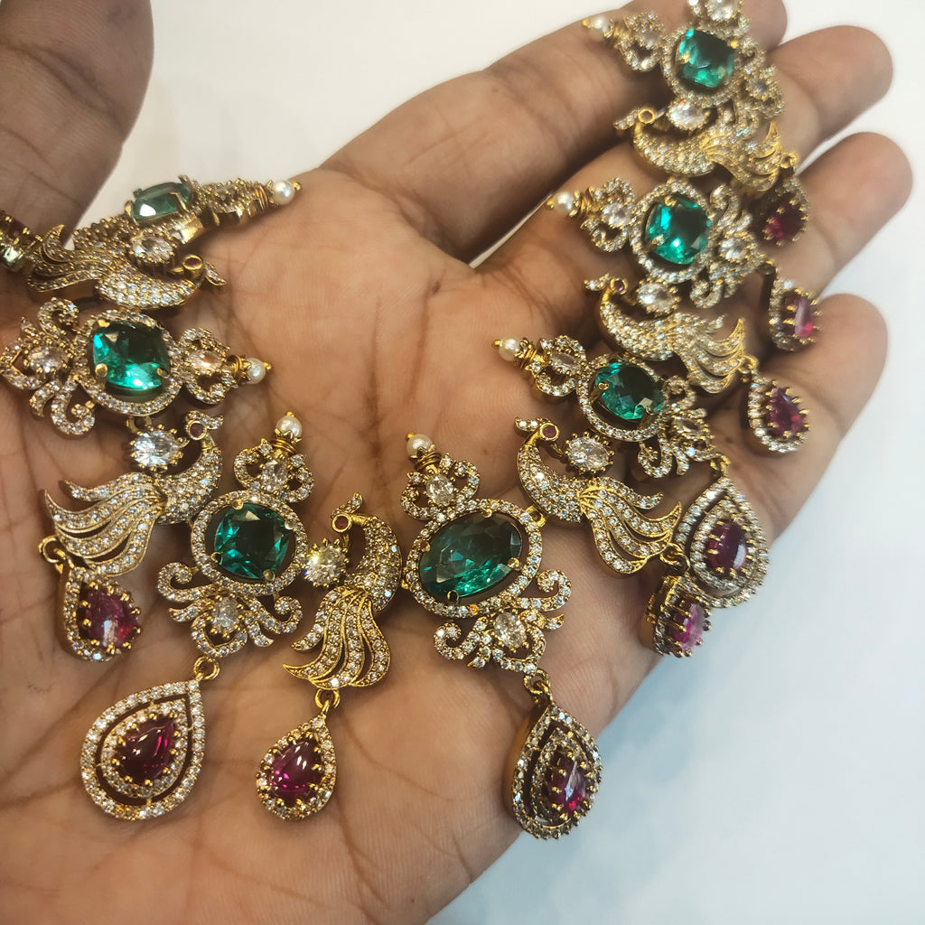 Victorian CZ Short Necklace Set - Ruby Emerald Studded Elegant Jewelry