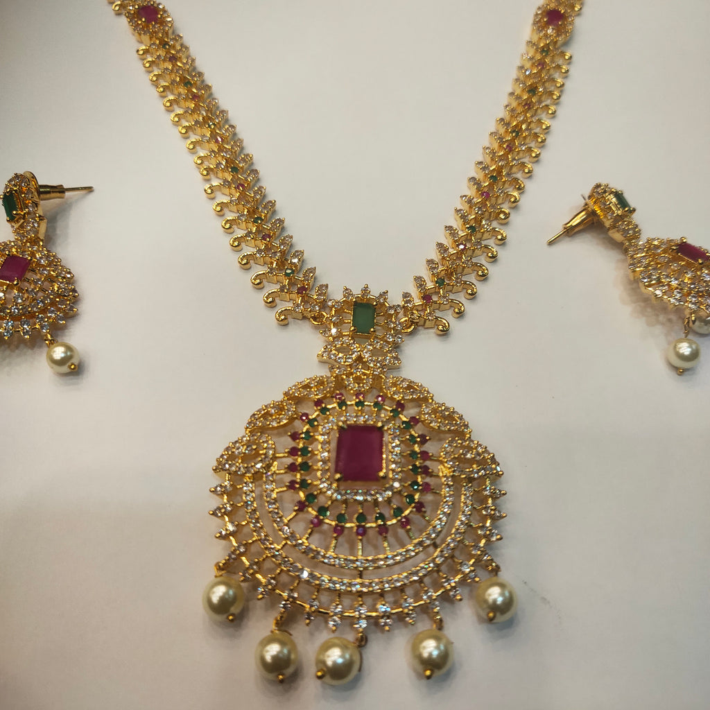 CZ Gold Plated Long Necklace Set - Premium American Diamond Bridal Jewelry