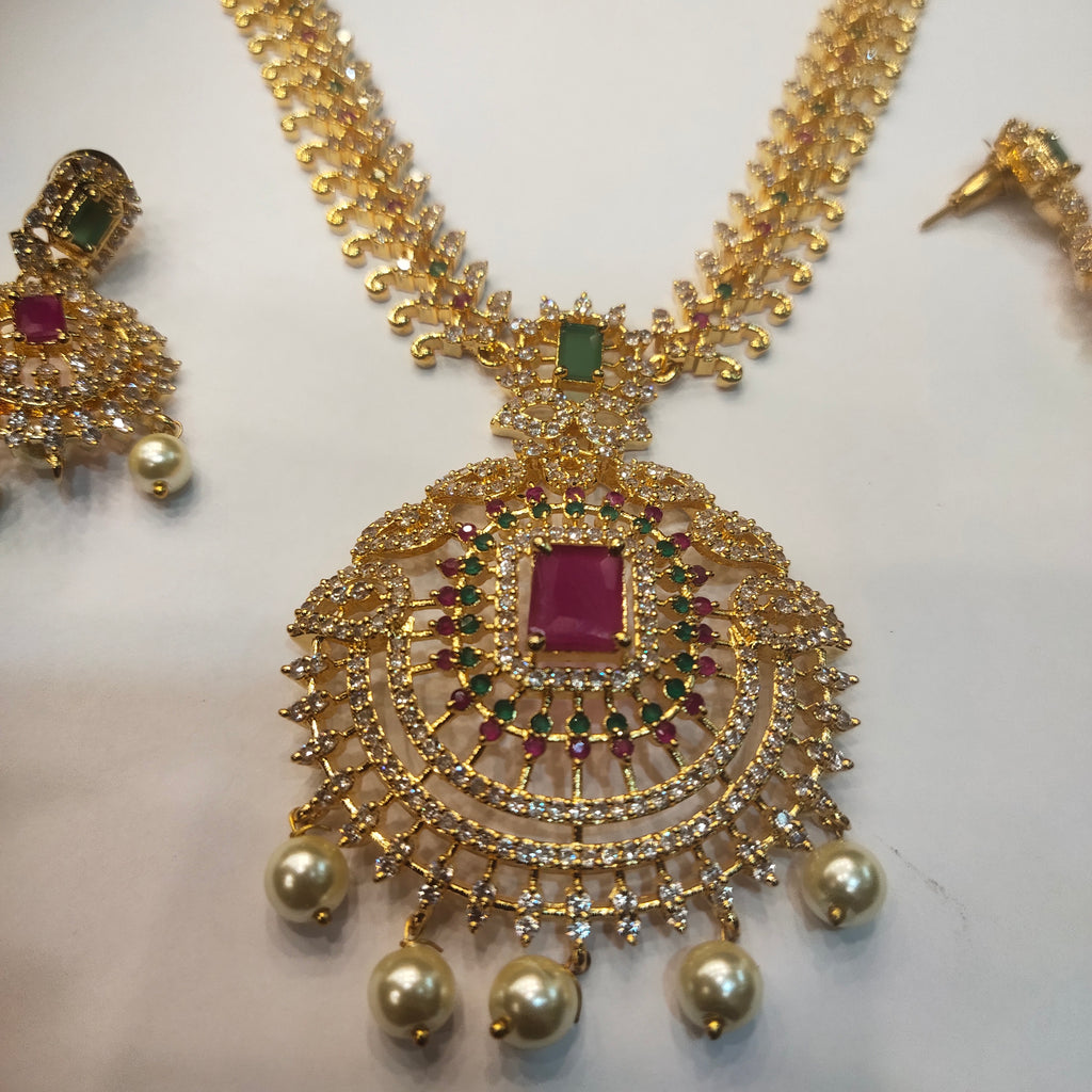 CZ Gold Plated Long Necklace Set - Premium American Diamond Bridal Jewelry