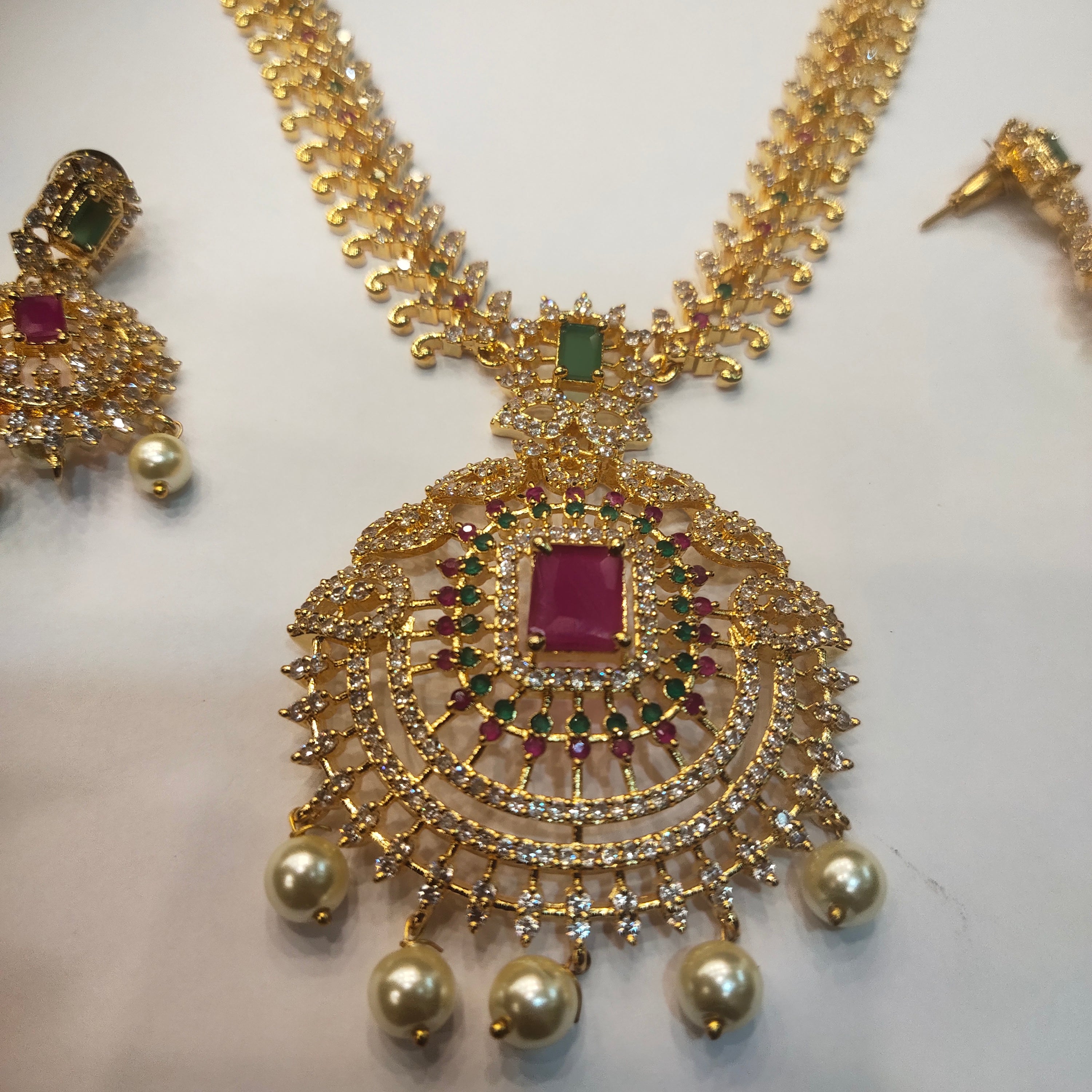 CZ Gold Plated Long Necklace Set - Premium American Diamond Bridal Jewelry