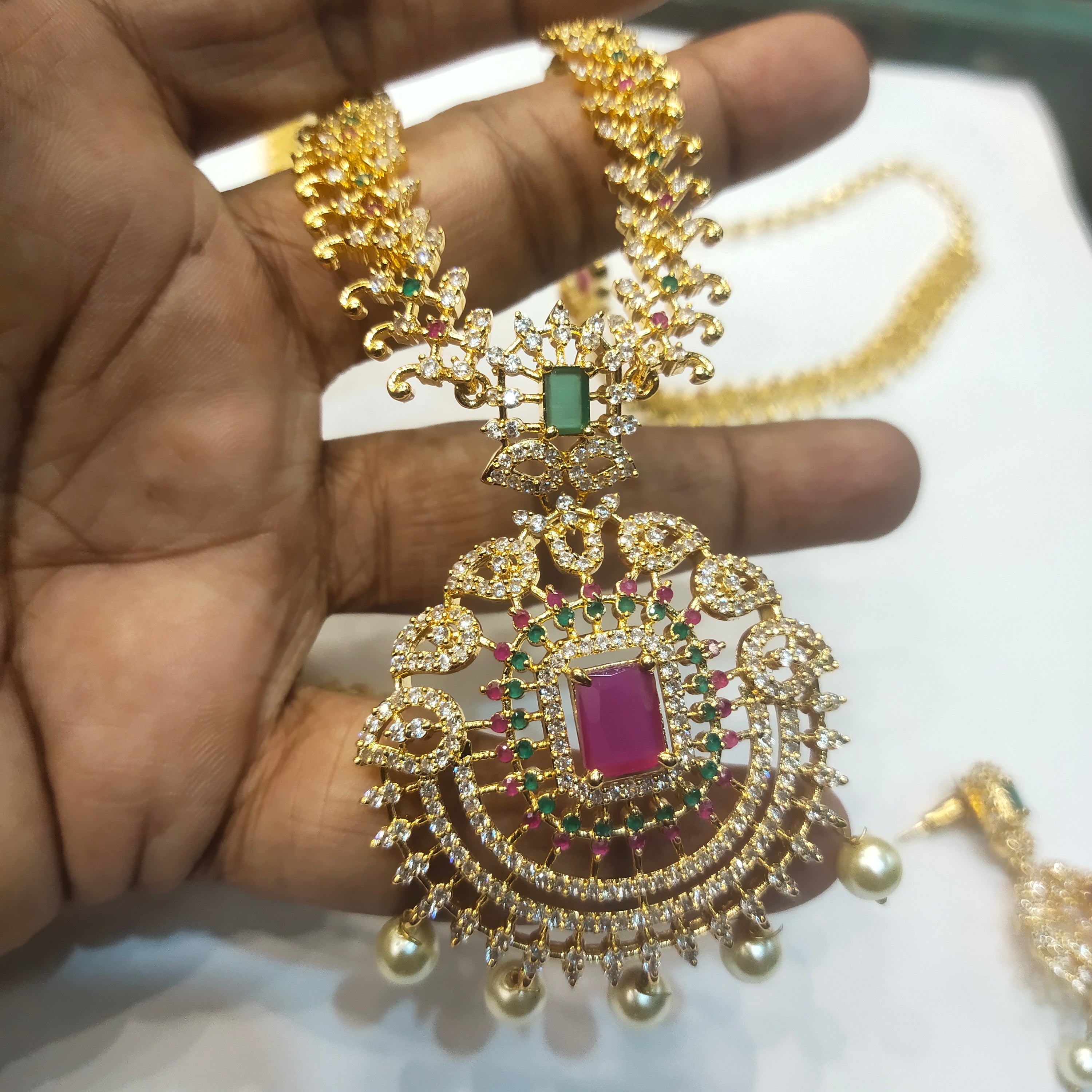 CZ Gold Plated Long Necklace Set - Premium American Diamond Bridal Jewelry