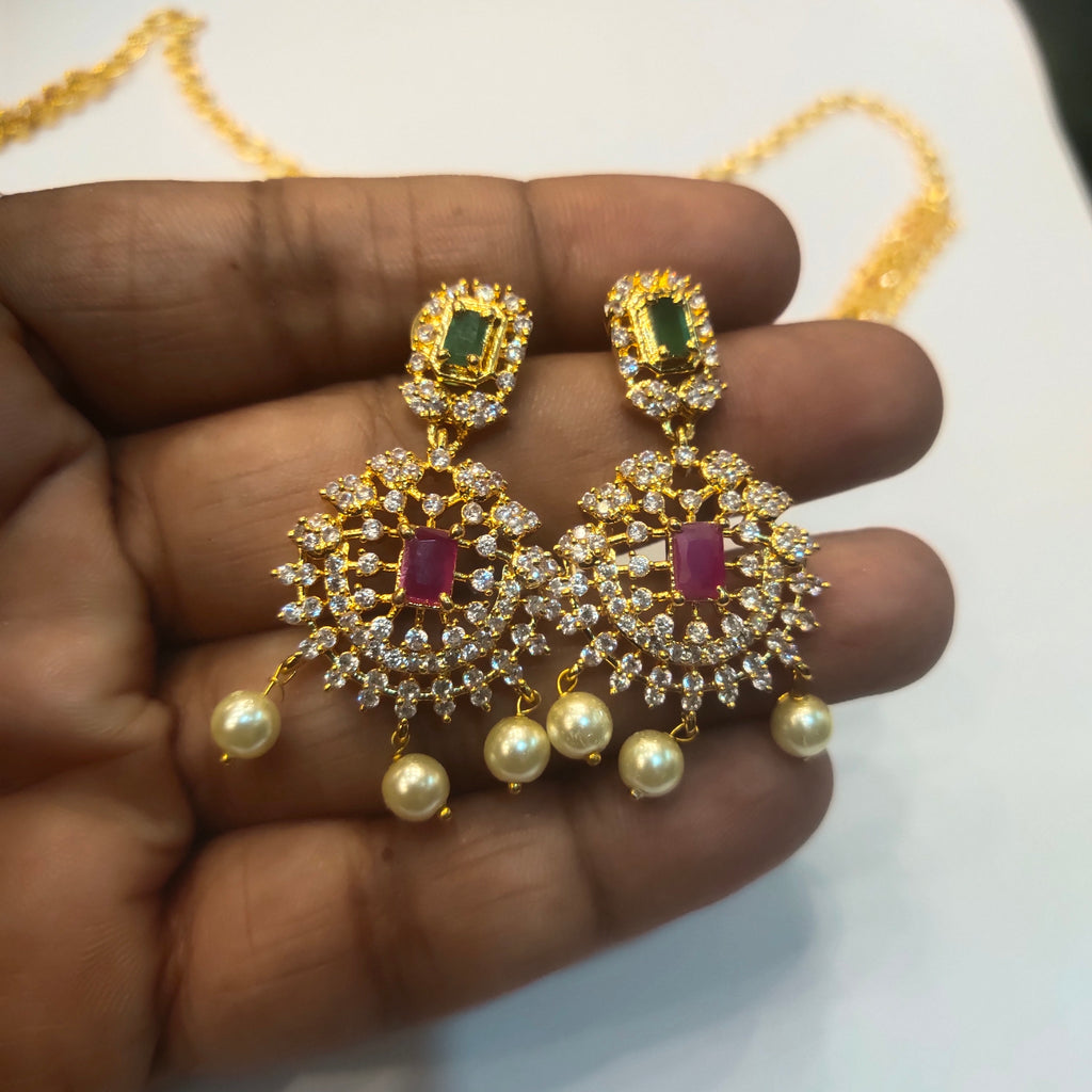 CZ Gold Plated Long Necklace Set - Premium American Diamond Bridal Jewelry