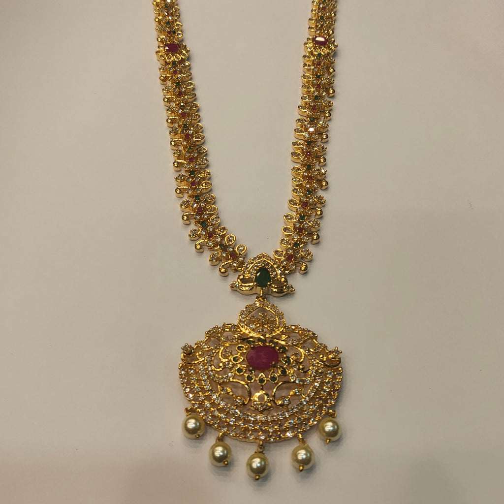 CZ Gold Plated Long Necklace Set - Elegant Wedding Jewelry with Pearls