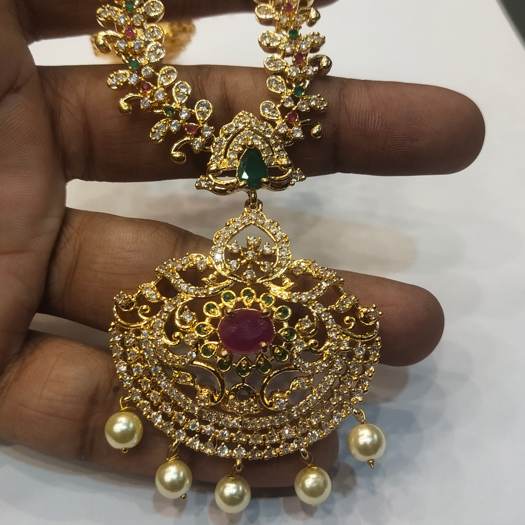 CZ Gold Plated Long Necklace Set - Elegant Wedding Jewelry with Pearls