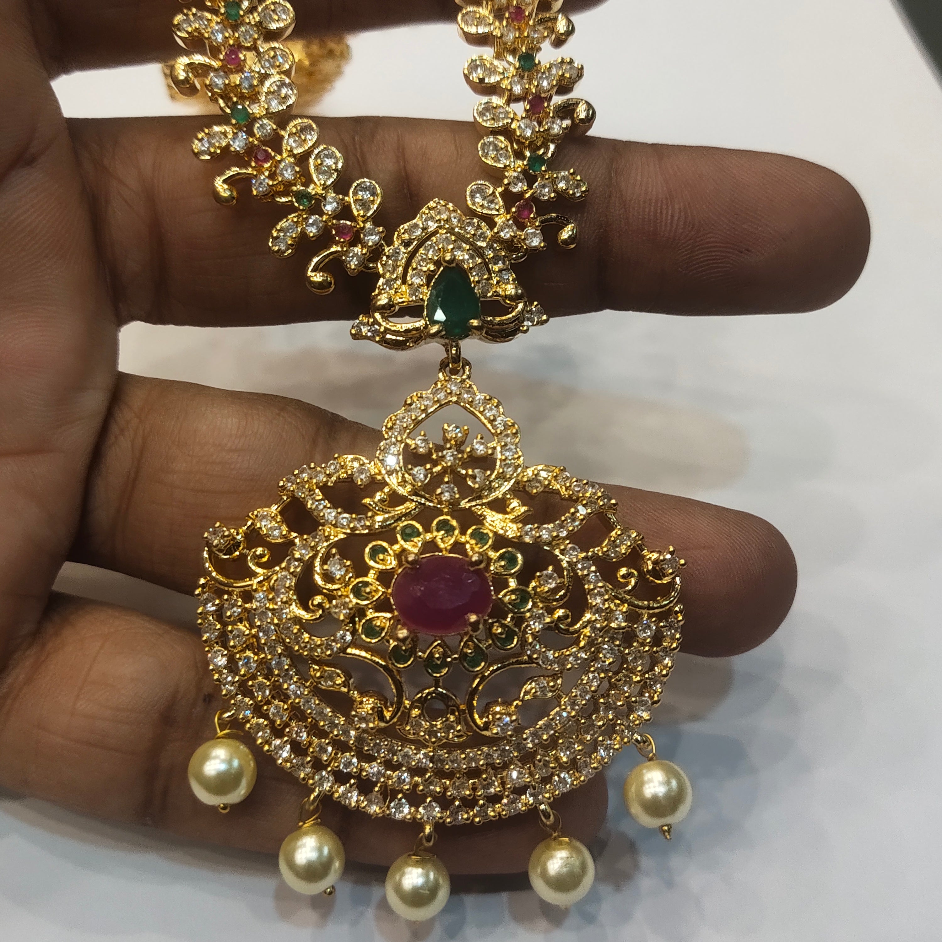 CZ Gold Plated Long Necklace Set - Elegant Wedding Jewelry with Pearls