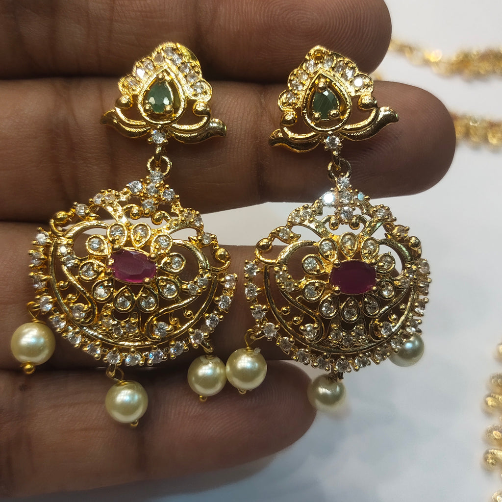 CZ Gold Plated Long Necklace Set - Elegant Wedding Jewelry with Pearls