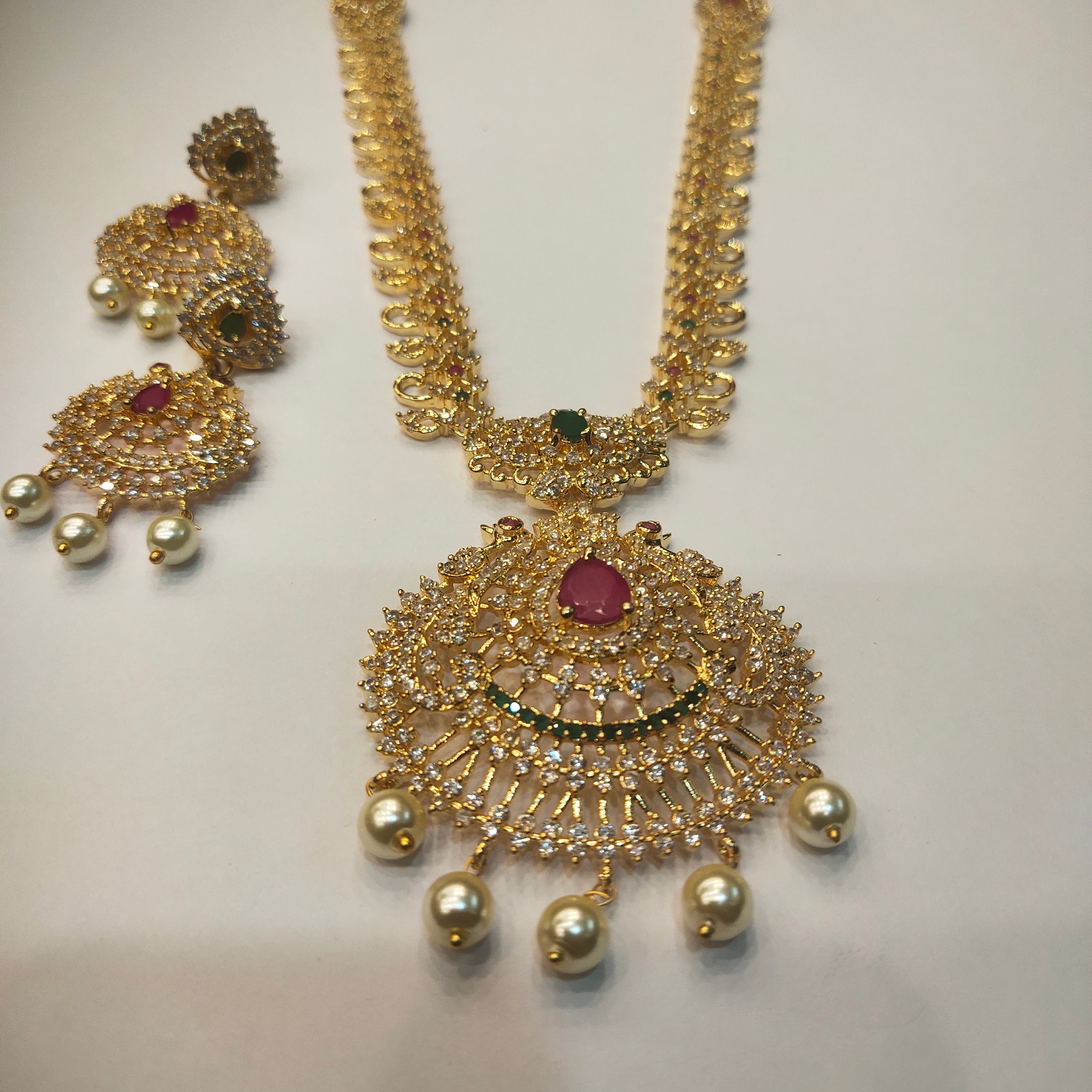 CZ Gold Plated Long Necklace Set - Traditional Temple Jewelry Design