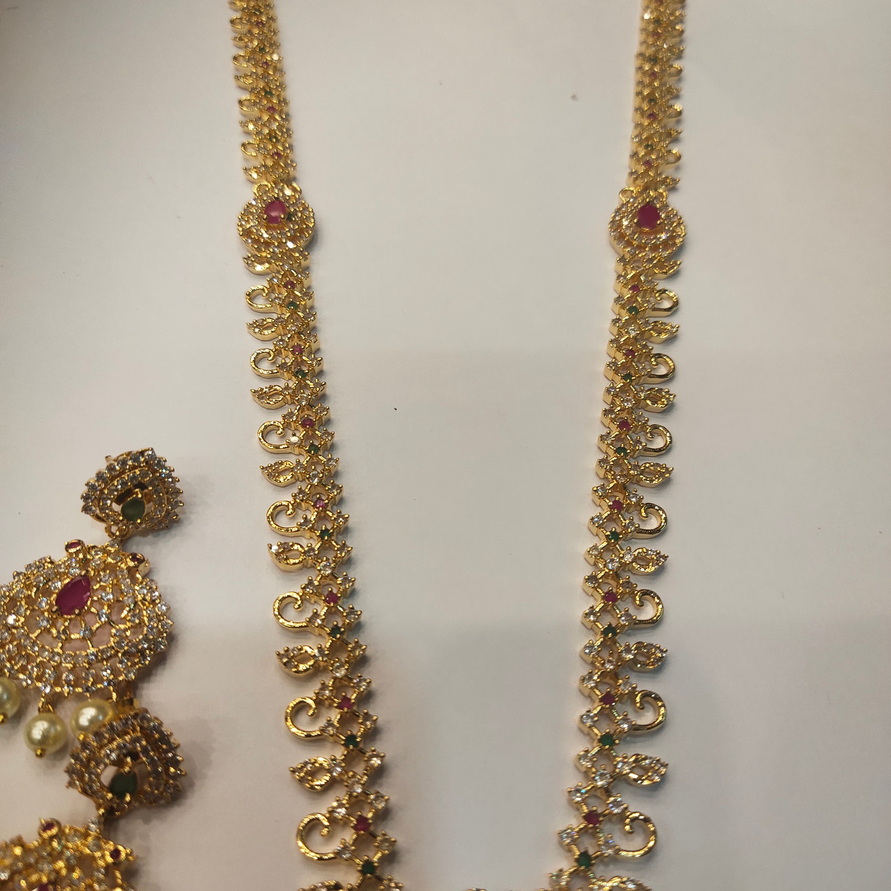 CZ Gold Plated Long Necklace Set - Traditional Temple Jewelry Design