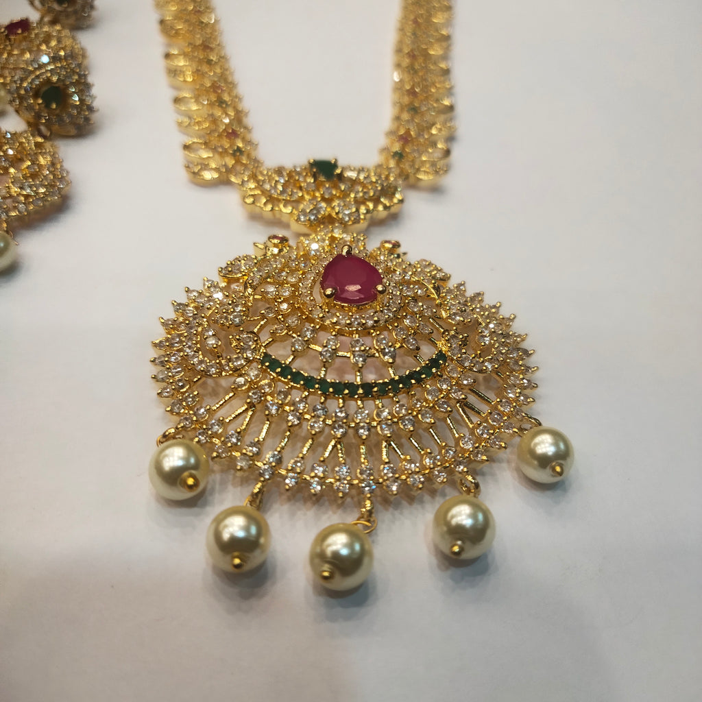 CZ Gold Plated Long Necklace Set - Traditional Temple Jewelry Design