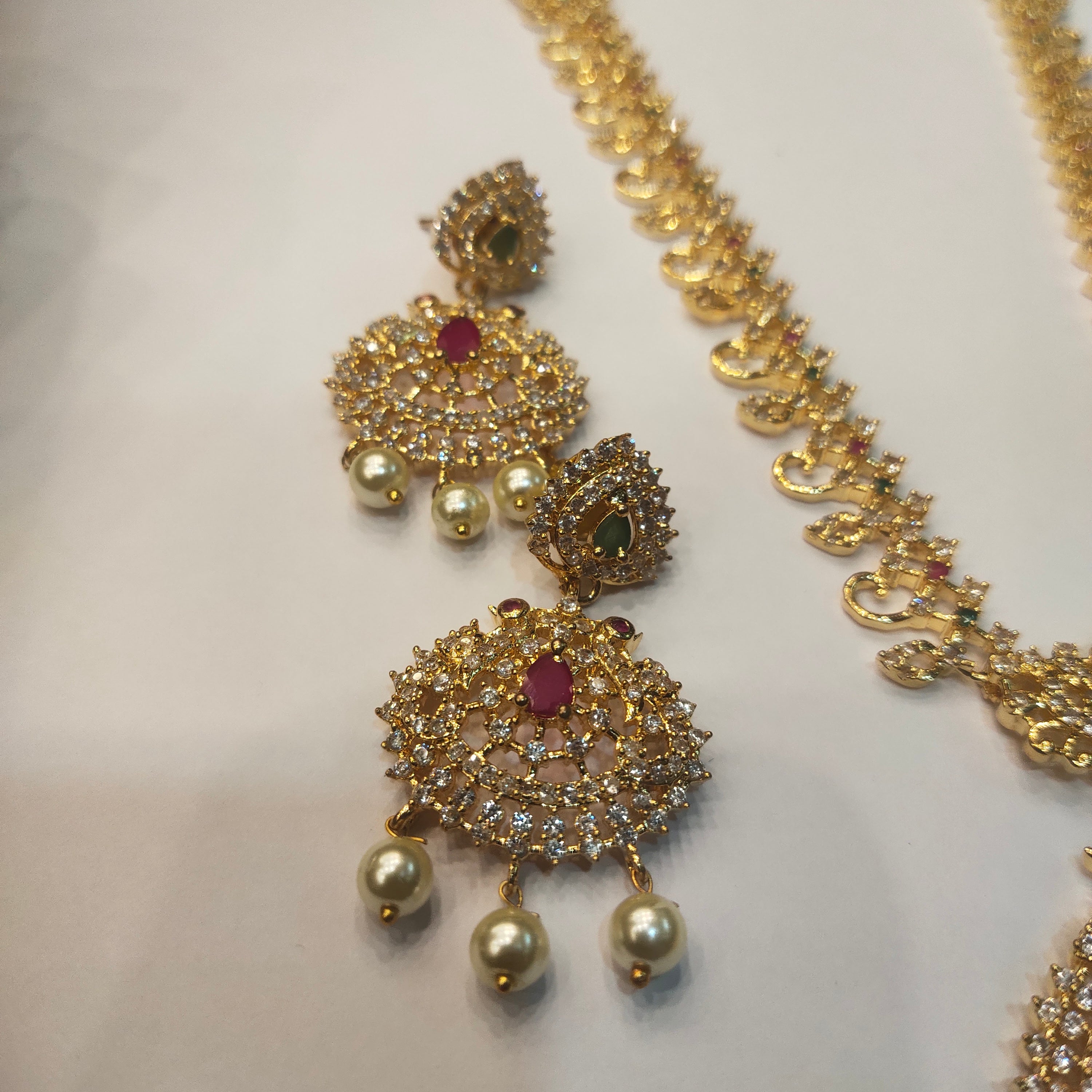 CZ Gold Plated Long Necklace Set - Traditional Temple Jewelry Design