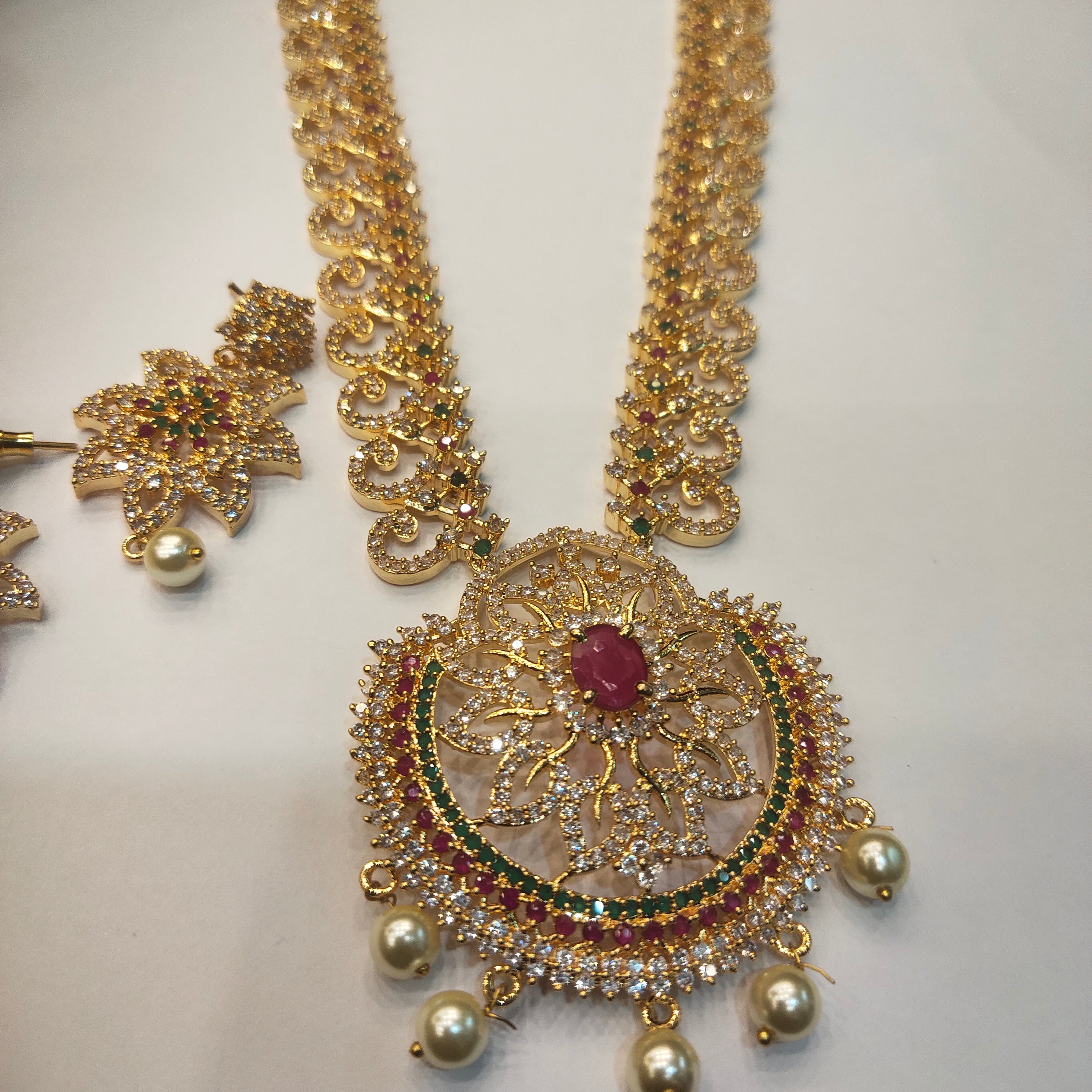 CZ Gold Plated Long Necklace Set - Luxury Bridal Wedding Jewelry