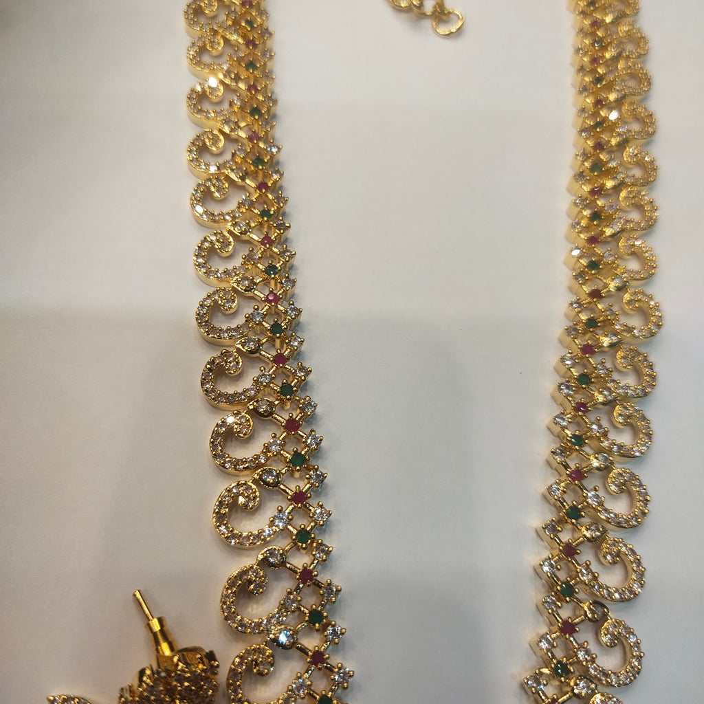 CZ Gold Plated Long Necklace Set - Luxury Bridal Wedding Jewelry