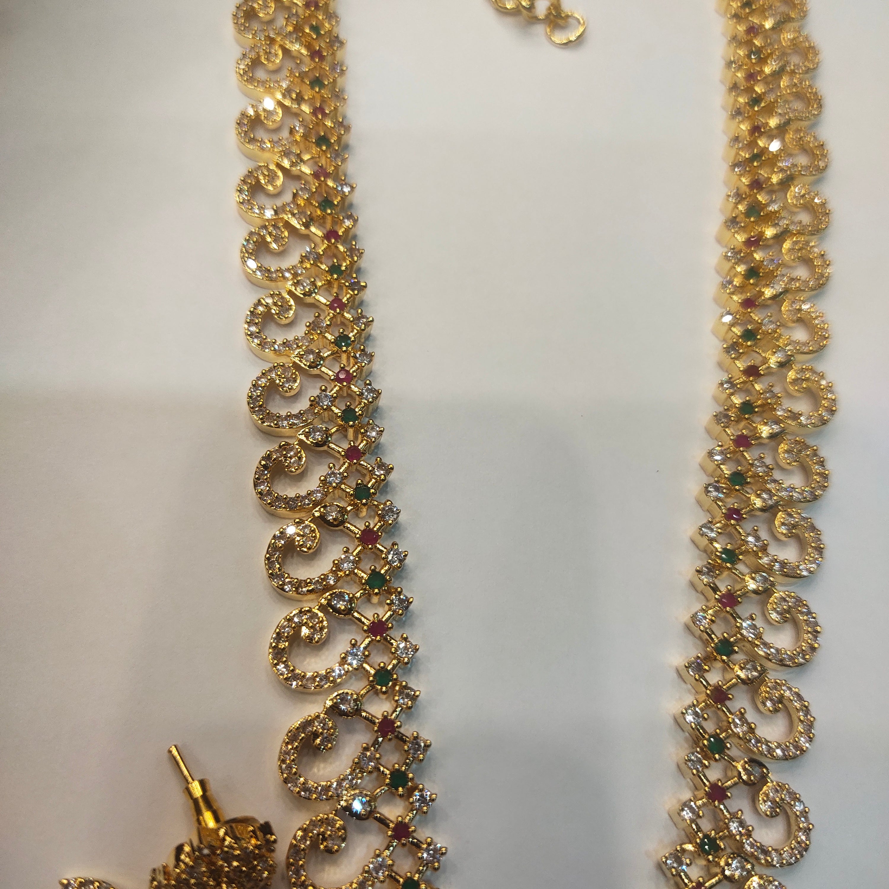 CZ Gold Plated Long Necklace Set - Luxury Bridal Wedding Jewelry